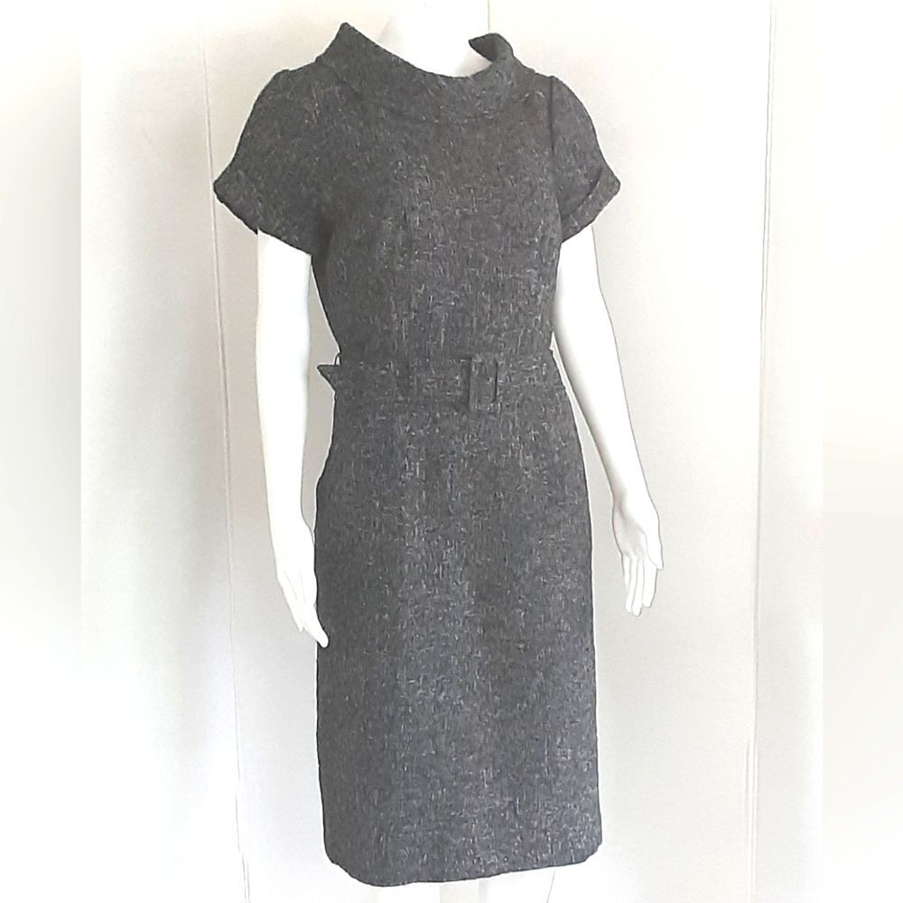 BANANA REPUBLIC Career Gray Tweed Belted Cuff Sleeve Pockets Dress Sz 10 - Picture 4 of 13